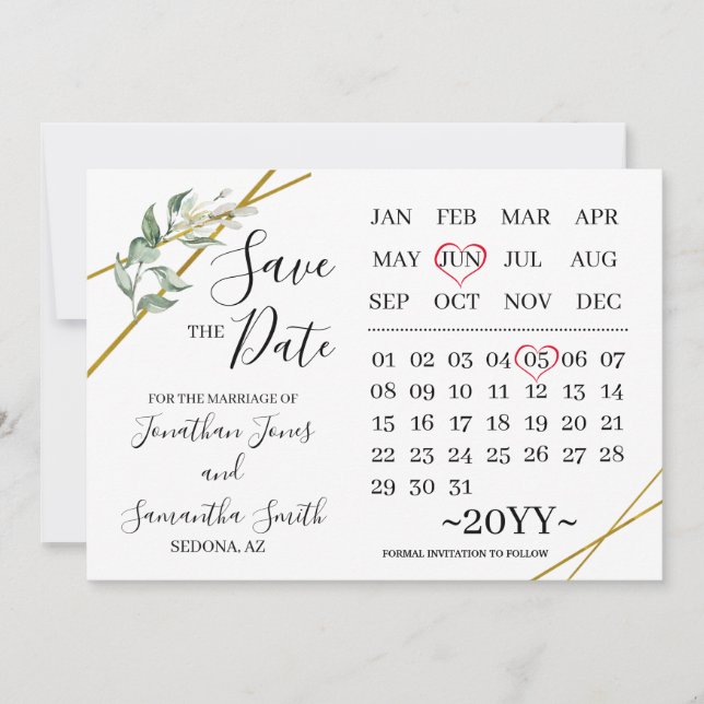 Invitation calendrier enregistrer le jour de mariage de Green (Devant)