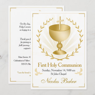Invitation Calice Croix d'Or Élégante Première Communion Sole