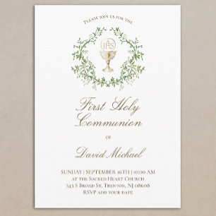 Invitation calice de première communion solennelle feuillage 