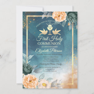 Invitation Calice d'Or Roses Vertes Première Communion Solenn