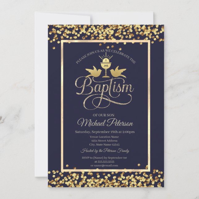 Invitation Calice en or Confettis Bleu marine  (Devant)