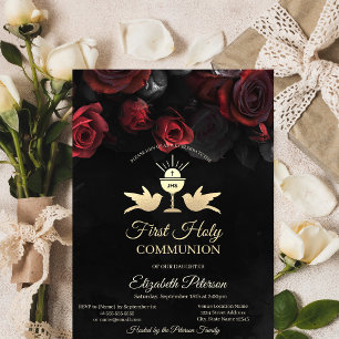 Invitation Calice Première Communion Solennelle Roses Rouges