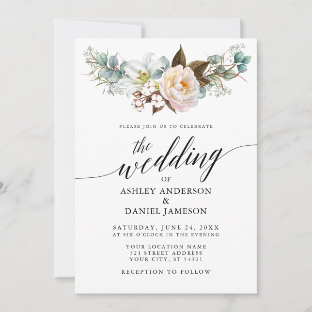 Invitation Calligraphie Aquarelle Botanique Floral Mariage (Devant)