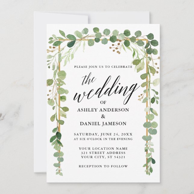 Invitation Calligraphie Aquarelle Botanique Mariage d'or (Devant)