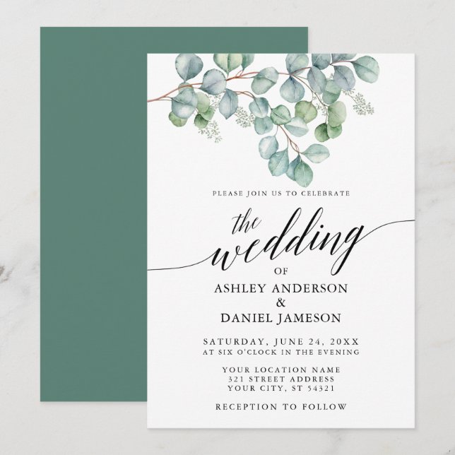 Invitation Calligraphie Aquarelle Eucalyptus Mariage de verdu (Devant / Derrière)