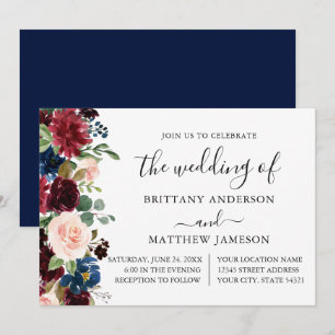 Invitation Calligraphie Aquarelle Floral Mariage Bleu
