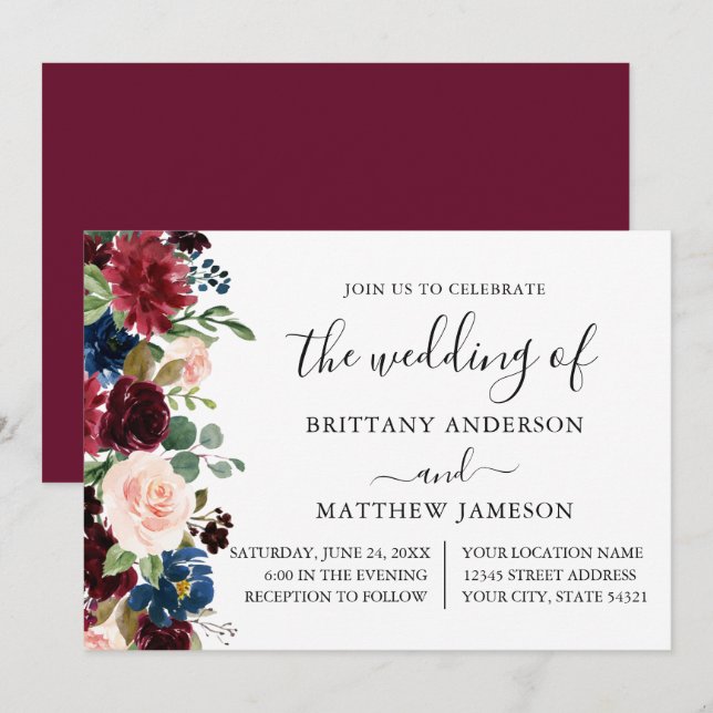 Invitation Calligraphie Aquarelle Florale Mariage Bourgogne (Devant / Derrière)