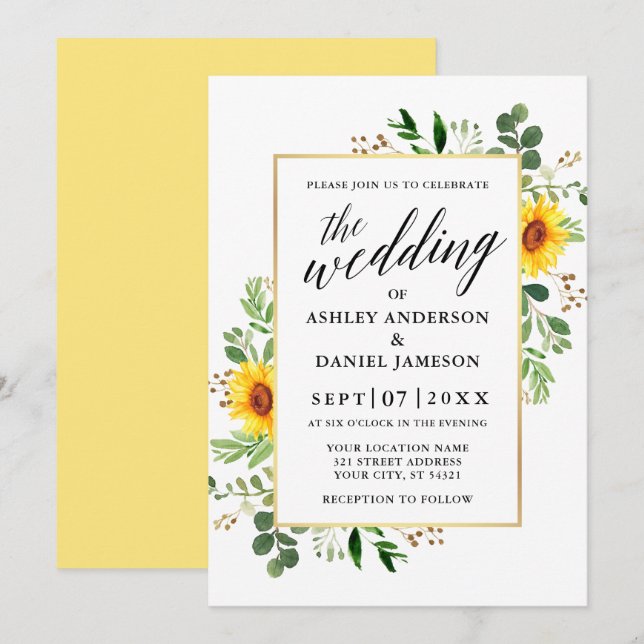 Invitation Calligraphie Aquarelle Verdure Fleurs de soleil Ma (Devant / Derrière)