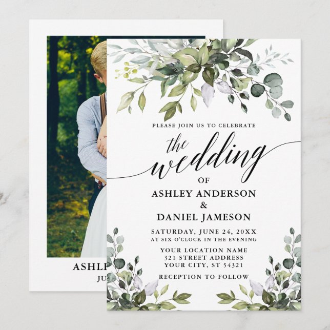 Invitation Calligraphie Aquarelle Verdure Mariage photo (Devant / Derrière)