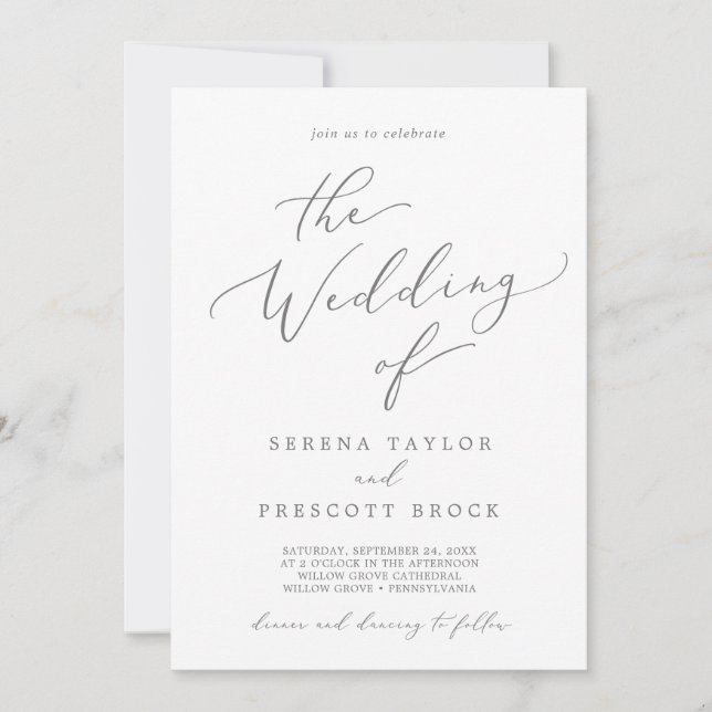 Invitation Calligraphie Argent Délicate Le Mariage De (Devant)