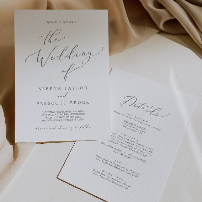 Invitation Calligraphie Argent Délicate Tout En Un Mariage (Créateur téléchargé)
