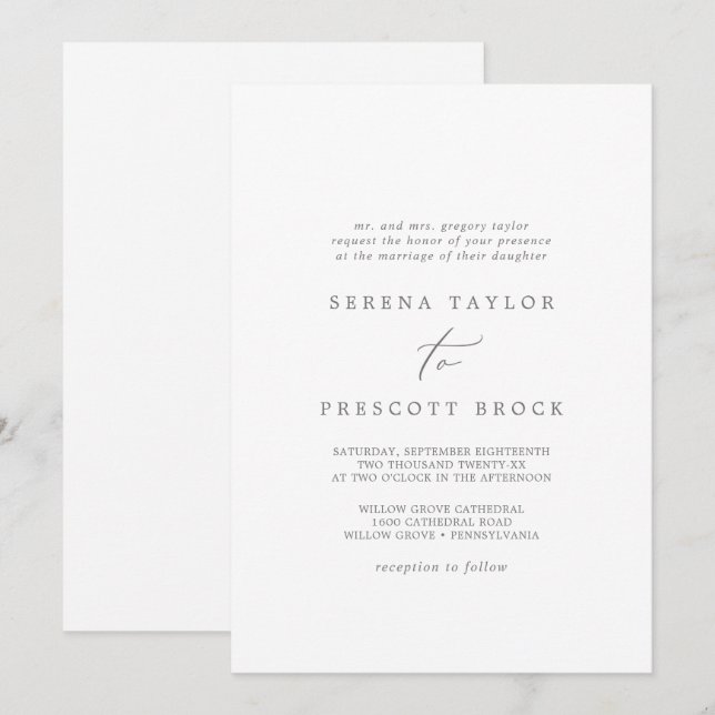 Invitation Calligraphie argentée délicate Mariage traditionne (Devant / Derrière)