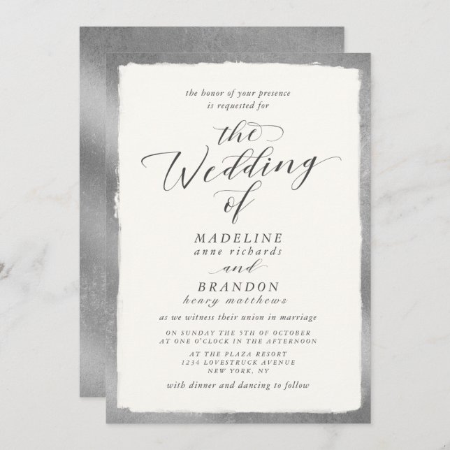 Invitation Calligraphie avec Silver Edge Mariage luxueux (Devant / Derrière)