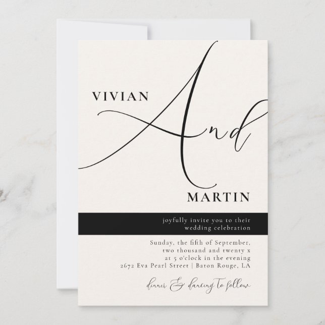 Invitation Calligraphie Big Bold "And" Black & White Mariage (Devant)