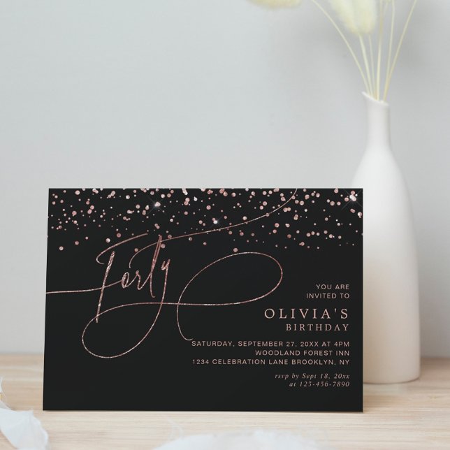 Invitation Calligraphie Black Rose Gold Confetti 40e annivers (Créateur téléchargé)
