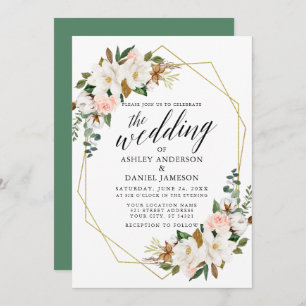 Invitation Calligraphie blanc Magnolias Rose Mariage or