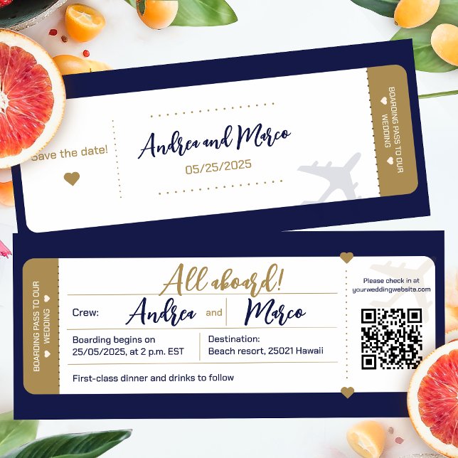 Invitation Calligraphie Bleu Et Gold Boararing Pass Mariage (Beach Wedding Boarding Pass Wedding Invitation)