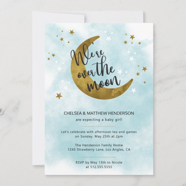 Invitation Calligraphie Bleue Moderne Sur Le Baby shower De L (Devant)