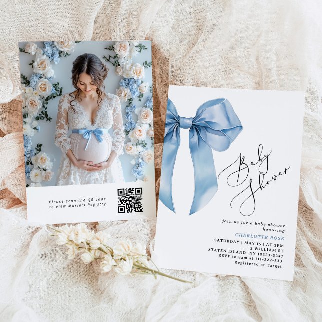 Invitation Calligraphie Blue Bow Photo Code QR Baby shower (Créateur téléchargé)