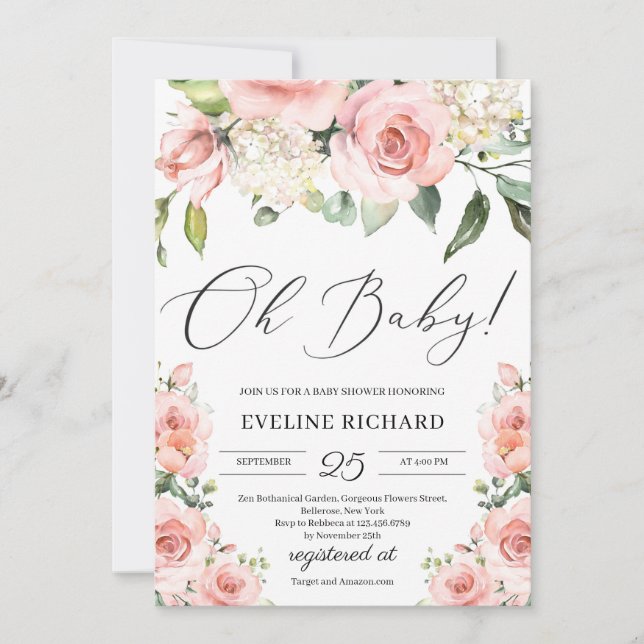 Invitation Calligraphie bohème rose luxuriante Oh Baby (Devant)