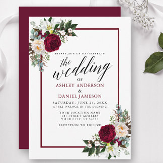 Invitation Calligraphie Bourgogne Cadre Vert Mariage Floral