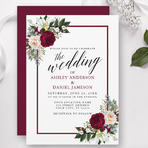 Invitation Calligraphie Bourgogne Cadre Vert Mariage Floral