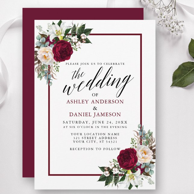 Invitation Calligraphie Bourgogne Cadre Vert Mariage Floral (Customize to change text color, style, add text & photos to back or change color of back of card.)