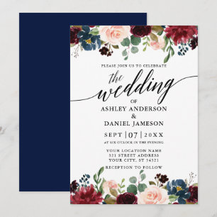 Invitation Calligraphie Bourgogne Floral Blue Mariage