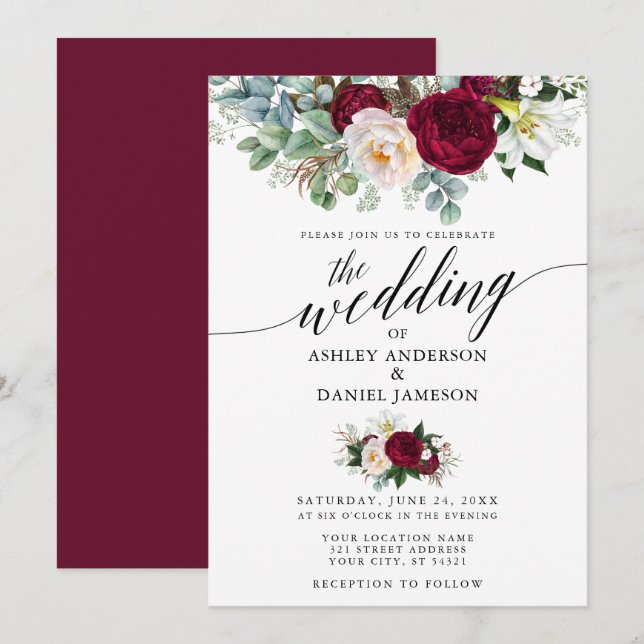 Invitation Calligraphie Bourgogne Floral Mariage (Devant / Derrière)