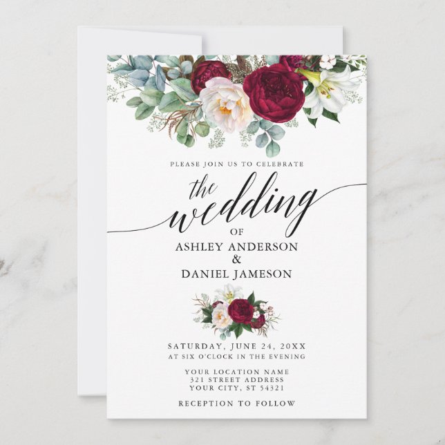Invitation Calligraphie Bourgogne Flore Vert Mariage W (Devant)