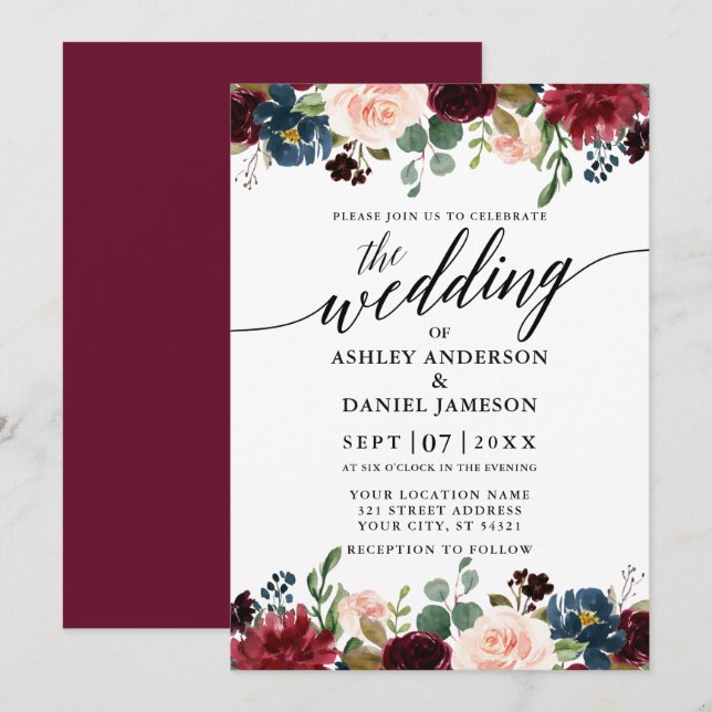 Invitation Calligraphie Burgundy Blue Floral Mariage (Devant / Derrière)