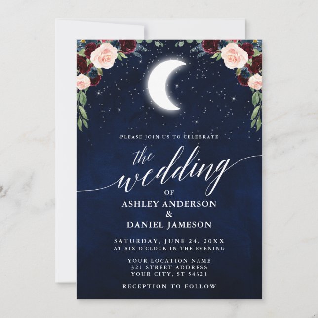 Invitation Calligraphie Céleste Lune Étoiles Floral Mariage (Devant)