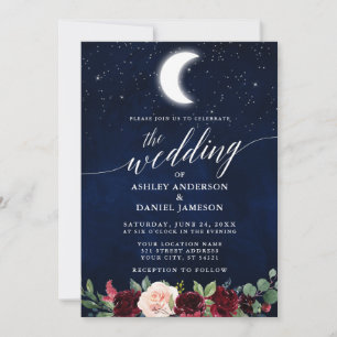 Invitation Calligraphie Céleste Mariage Lune Étoiles Floral