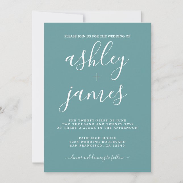 Invitation Calligraphie Chic Simple Dusty Turquoise Mariage (Devant)