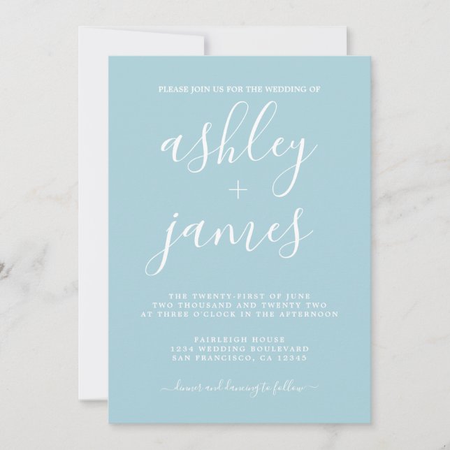 Invitation Calligraphie Chic simple Mariage bleu brillant (Devant)