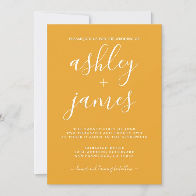 Invitation Calligraphie Chic Simple Mariage Jaune Mellow (Devant)