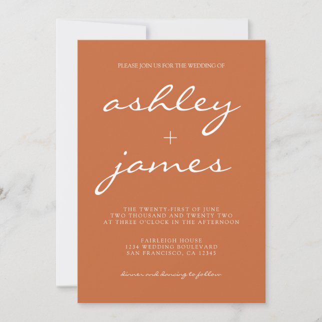 Invitation Calligraphie Chic simple Mariage orange brûlé (Devant)
