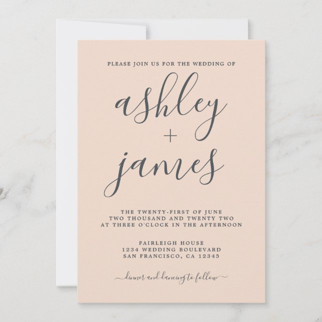 Invitation Calligraphie Chic Simple Peach Pust Pink Mariage (Devant)
