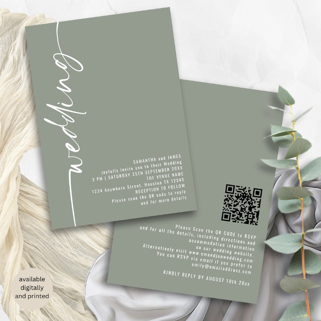 Invitation Calligraphie classique QR Code Sage Mariage vert (Front and back view)