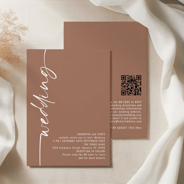 Invitation Calligraphie classique QR Code Soft Brown Mariage (Front and back view)