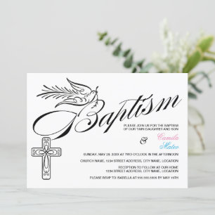 Invitation Calligraphie Croix et Dove Baptême jumeaux