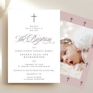 Invitation Calligraphie Croix violette Taupe Photo Baptême