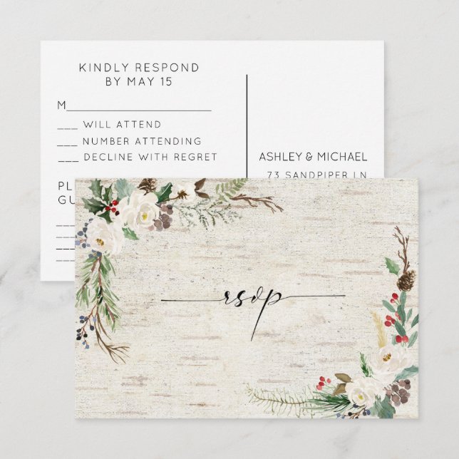 Invitation Calligraphie de bouleau d'hiver Botaniques Mariage (Devant / Derrière)