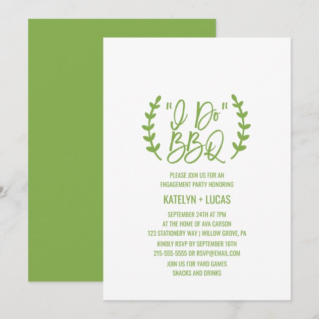 Invitation Calligraphie de couronne de verdure chic I Do BBQ (Devant / Derrière)
