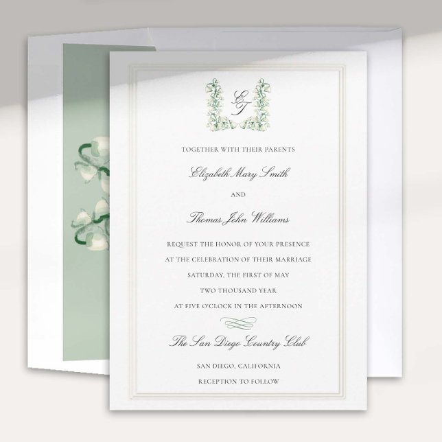 Invitation Calligraphie de crête de Lily Valley Mariage offic (lily valley formal classic wedding invitation card watercolor art crest monograms calligraphy)