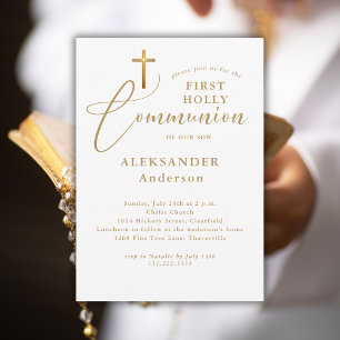 Invitation Calligraphie de croix d'or minimale Première commu