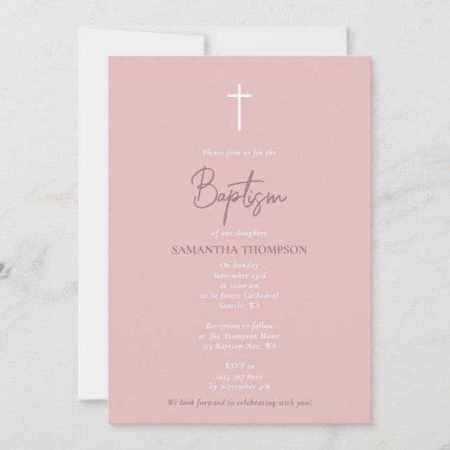 Invitation Calligraphie de fille rose Baptême (Devant)
