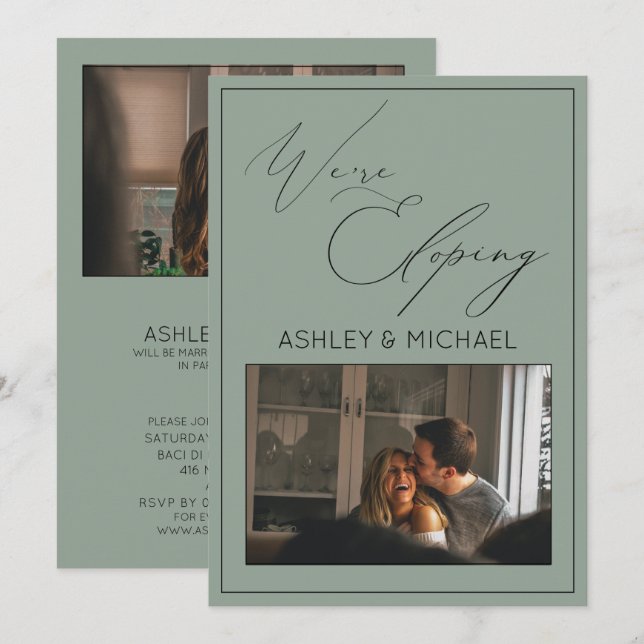 Invitation Calligraphie de luxe vert Nous nous enfuyons Récep (Devant / Derrière)