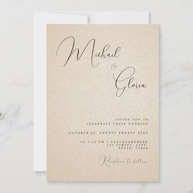 Invitation Calligraphie de sable beige moderne Code QR RSVP M (Devant)