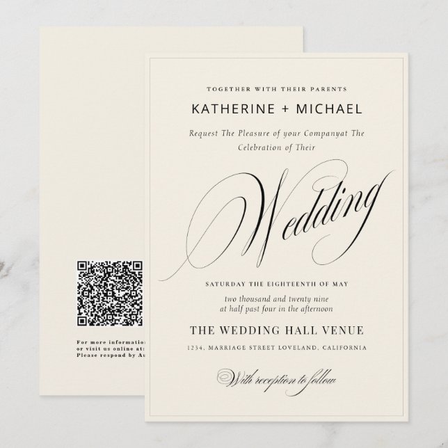 Invitation Calligraphie de script romantique Mariage simple e (Devant / Derrière)